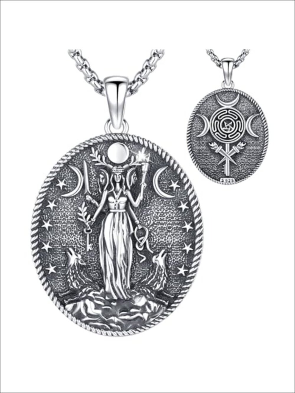 Hecate Triple Moon Goddess Pendant Necklace 925 Sterling Silver Wiccan Amulet